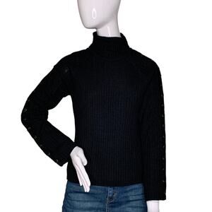 Nina Leonard Ribbed Turtleneck Sweater Top Black Size M Grommeted Lace Up Sleeve